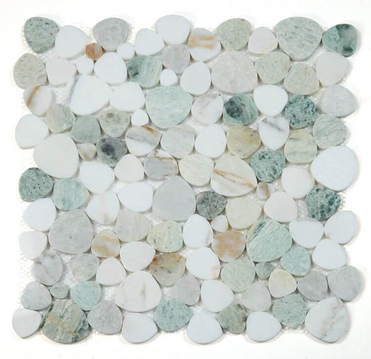 Aphrodite Spring 12x12 pebble-shaped marble mosaic in green and white hues, 3/8 inches thick.