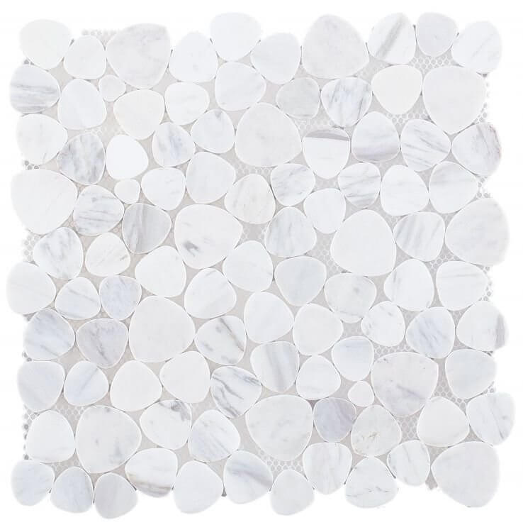 Aphrodite White 12x12 heart-shaped mosaic with white Volakas marble, polished finish, ideal for elegant decor.