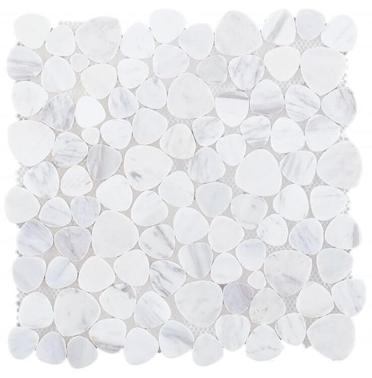 Aphrodite White 12x12 heart-shaped mosaic with white Volakas marble, polished finish, ideal for elegant decor.