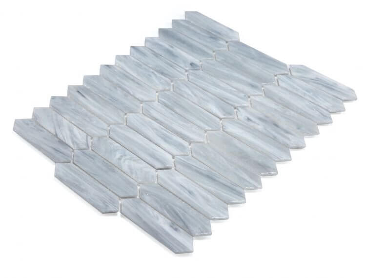 Arrow Grey 10.25x12.5 through-body glass mosaic with elongated hexagon pieces, ideal for modern swimming pool decor.