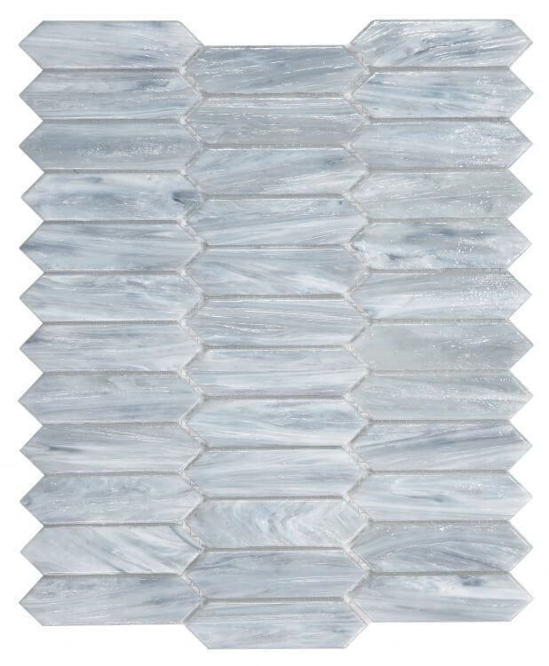 Arrow Grey 10.25x12.5 glass mosaic tile featuring elongated hexagon pieces for modern pool elegance.