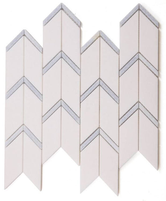 Thassos Blue Chevron marble mosaic tile design featuring elegant arrow patterns in white and blue.