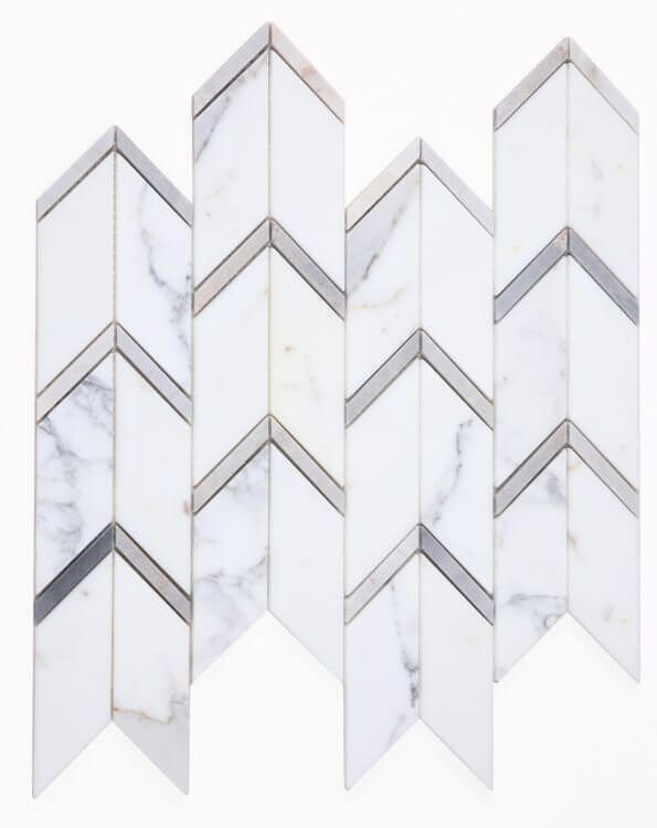 Calacatta Blue Chevron marble tile in a modern arrow pattern, perfect for elegant home designs.