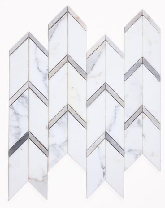 Calacatta Blue Chevron marble tile in a modern arrow pattern, perfect for elegant home designs.