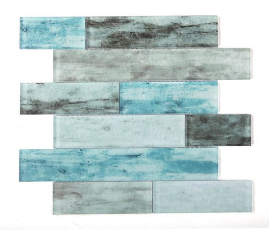 Art Ocean Casale glass mosaic with blue grey hues in a linear brick pattern, perfect for elegant decor.