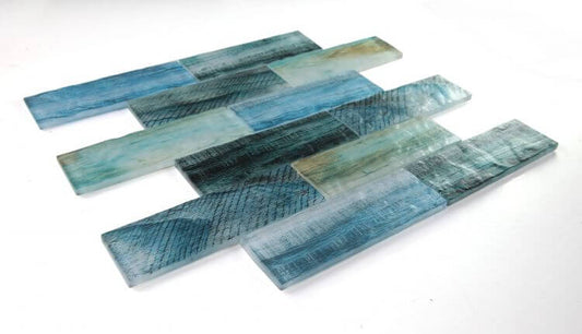 Art Wood Forest 11.75 x 11.75 blue green glass tile in linear brick pattern. Perfect for mosaics.