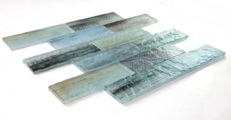 Art Wood Lake 11.75 x 11.75 glass tile in linear brick pattern, green color, 3/8 in thick, decorative mosaic design.