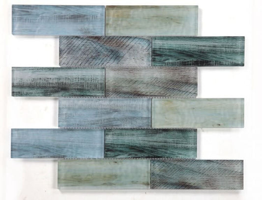 Art Wood Lake mosaic featuring linear brick pattern in green hues, 11.75 x 11.75 inches, made of glass.