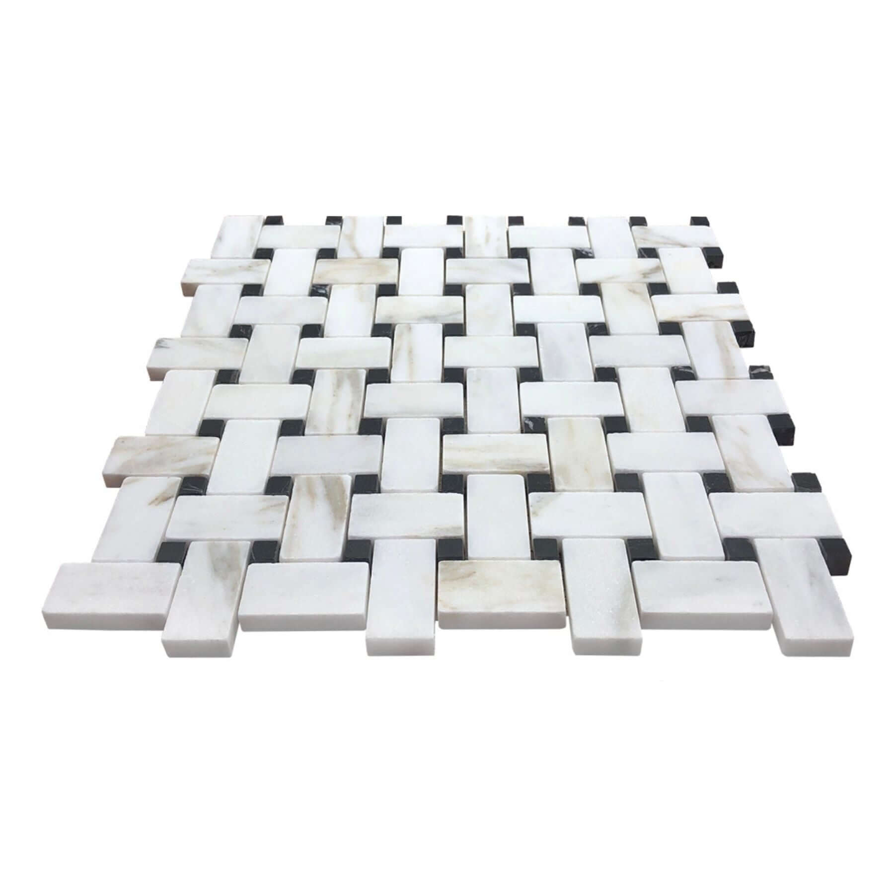 Calacatta Gold Marble Basketweave Mosaic Tile W/ Black Dots - Hey Tiles