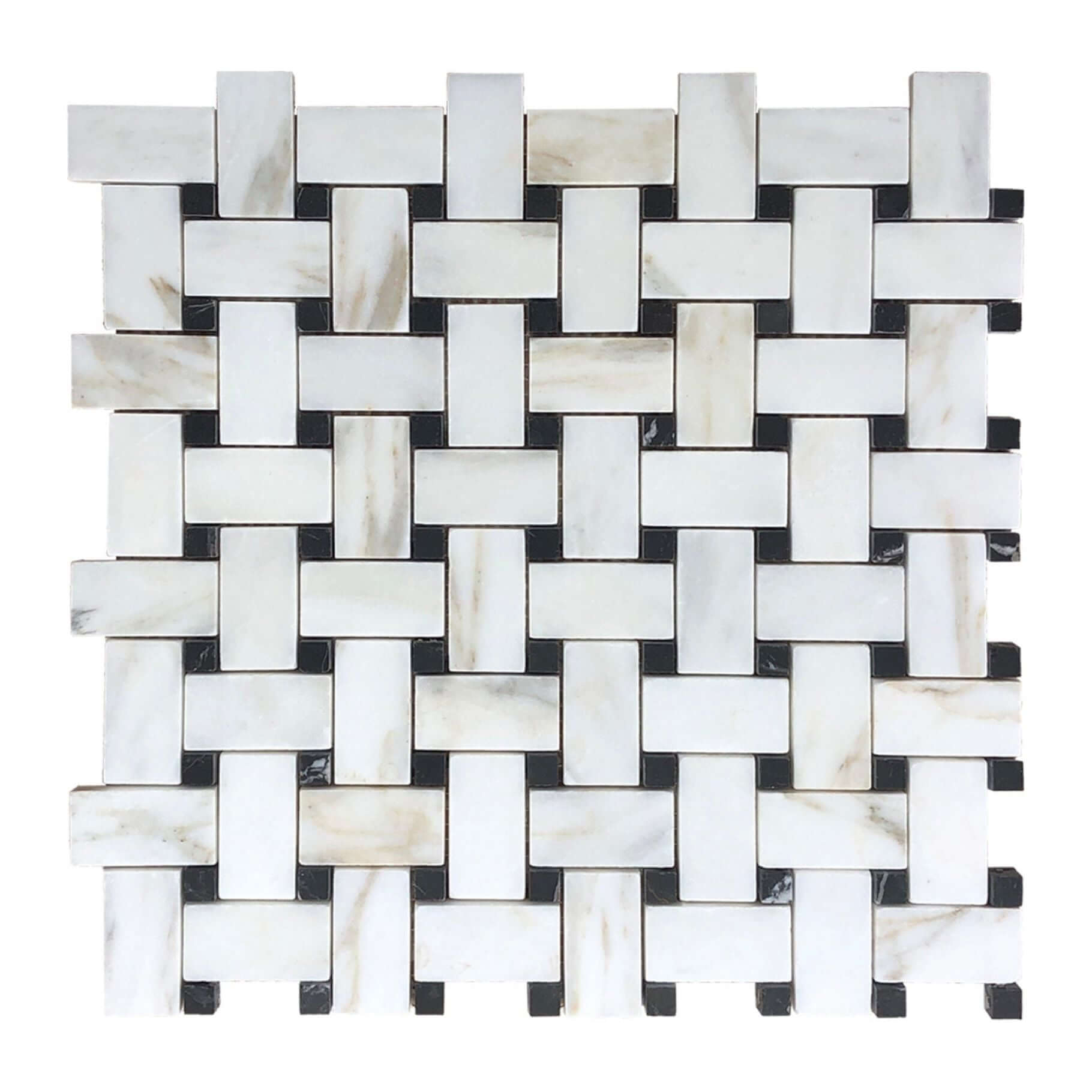 Calacatta Gold Marble Basketweave Mosaic Tile W/ Black Dots - Hey Tiles