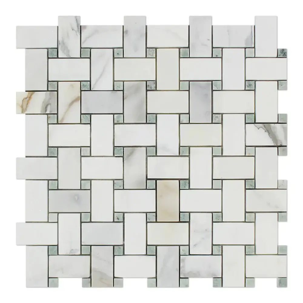 Calacatta Gold Marble + Icelandic Green Dots Basketweave Mosaic - Hey Tiles