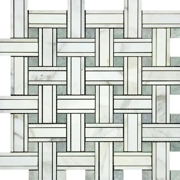 Calacatta Gold Triple - Weave (w/Ming - Green) Mosaic Marble Tile - Hey Tiles