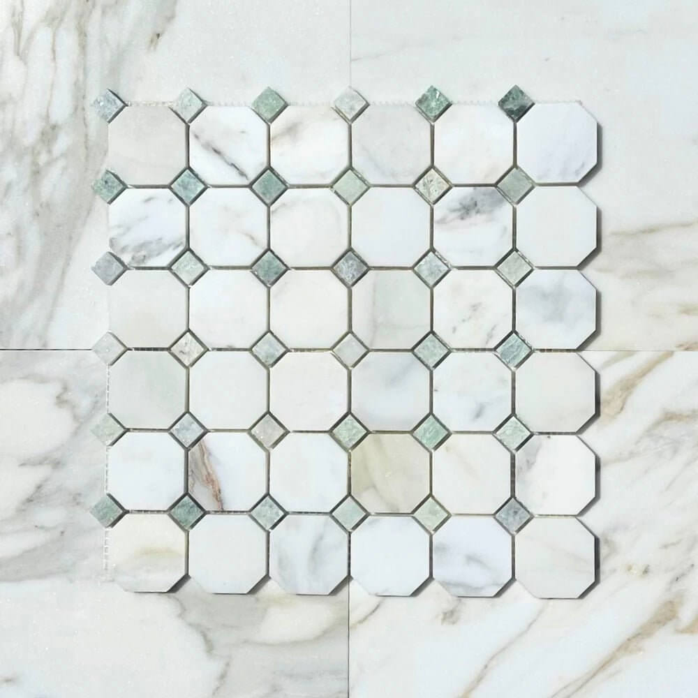 Calacatta Green Octagon Mosaic Tile featuring white and green veined marble for modern interior design.