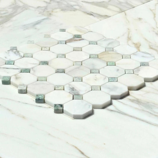 Calacatta Green Octagon Mosaic Tile featuring white and green veining for elegant home design.