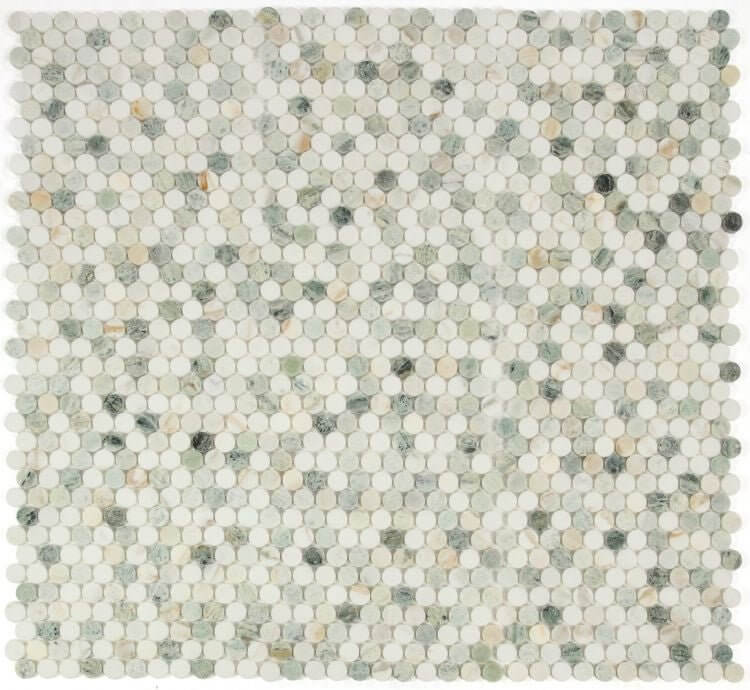 Calacatta Green Penny Round Polished Mosaic Tile featuring soft white and green veining, perfect for elegant design.