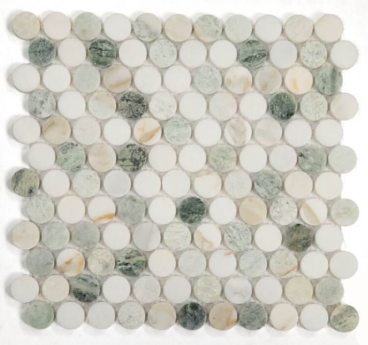 Calacatta Green Penny Round Polished Mosaic Tile showcasing a blend of white and green marble, ideal for elegant designs.