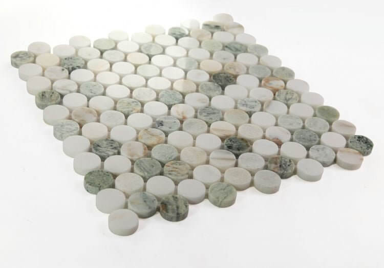 Calacatta Green Penny Round Polished Mosaic Tile with soft white and green veining for elegant design.