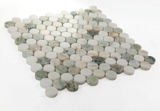 Calacatta Green Penny Round Polished Mosaic Tile with soft white and green veining for elegant design.