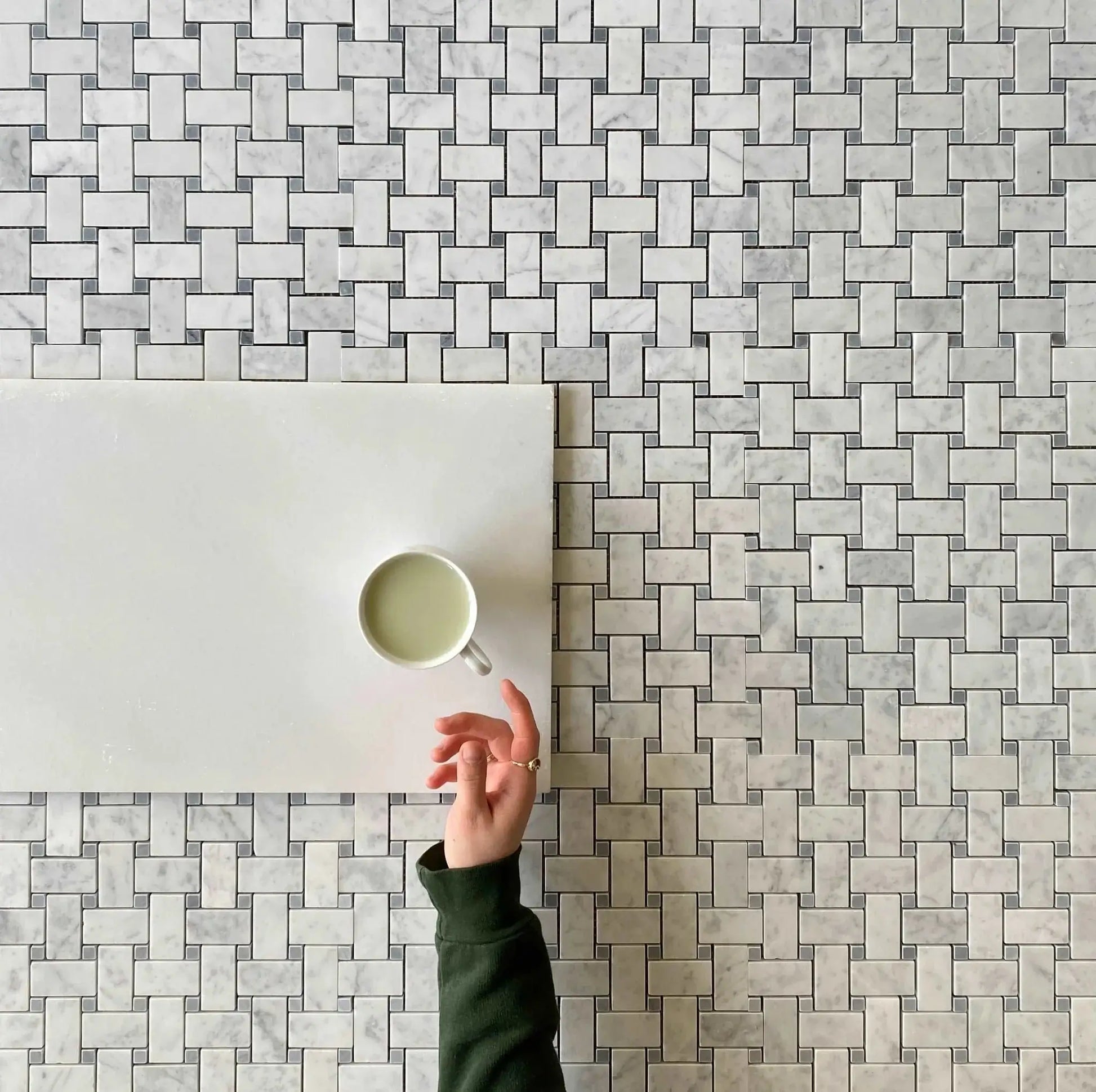 Carrara White Marble Honed Large Basketweave Mosaic Tile W/ Gray Dots - Hey Tiles