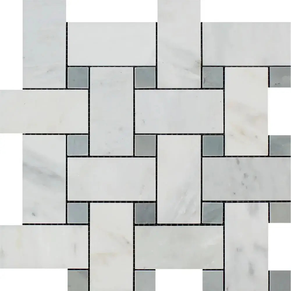 Carrara White Marble Honed Large Basketweave Mosaic Tile W/ Gray Dots - Hey Tiles