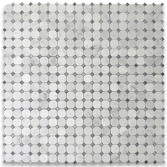 Carrara White Marble Octagon Mosaic Tile W/ Gray Dots - Hey Tiles