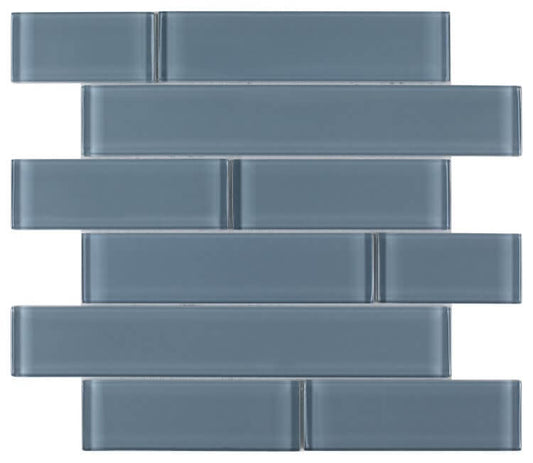 Casale Blue Shining glass mosaic tile in subway layout, polished finish, ideal for swimming pool installation.