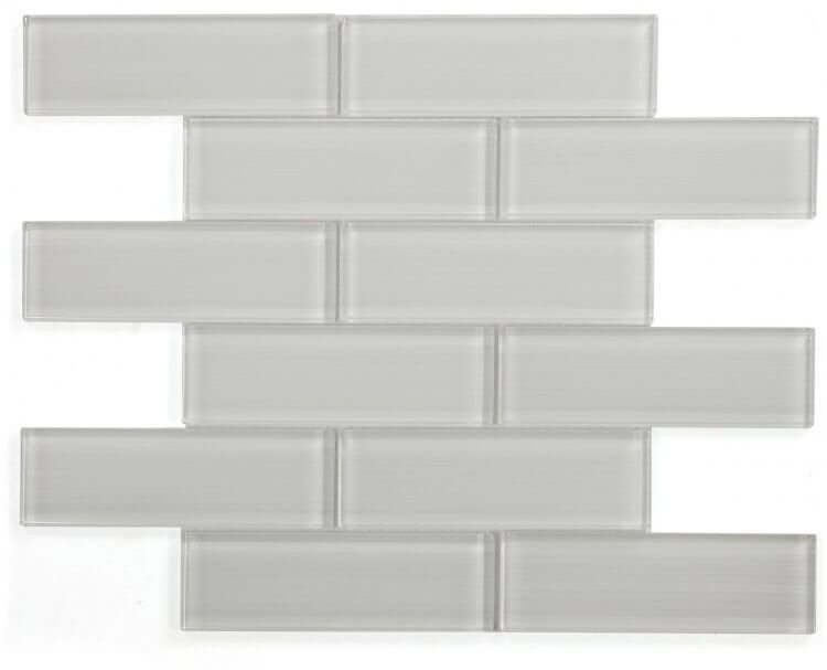 Casale Light polished light grey glass tile in subway layout, ideal for swimming pool installation.