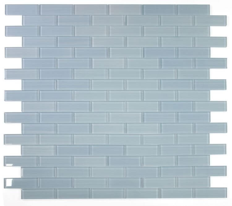 Casale Lucy Blue Painting 11.75 x 11.75, hand-painted light blue glass in subway tile layout.