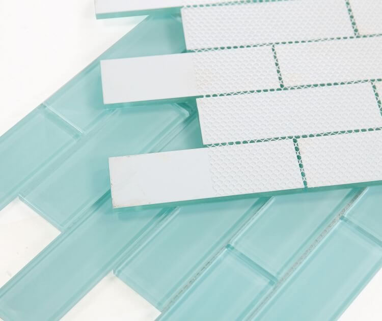 Casale Mint 11.75 x 11.75 glass subway tile in soft green, showcasing polished mosaic design perfect for pools and interiors.