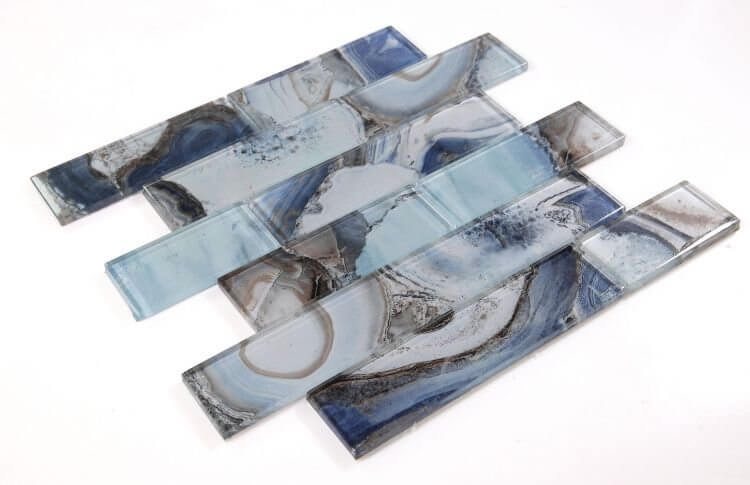 Casale Shell Blue glass tiles in artistic blue shell design, sizes 11.75 x 11.75 for indoor use, not for fireplaces.
