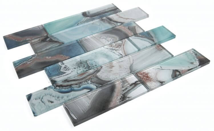 Casale Shell Green glass tiles in artistic design, 11.75x11.75, ideal for indoor use, not for areas near open flame.