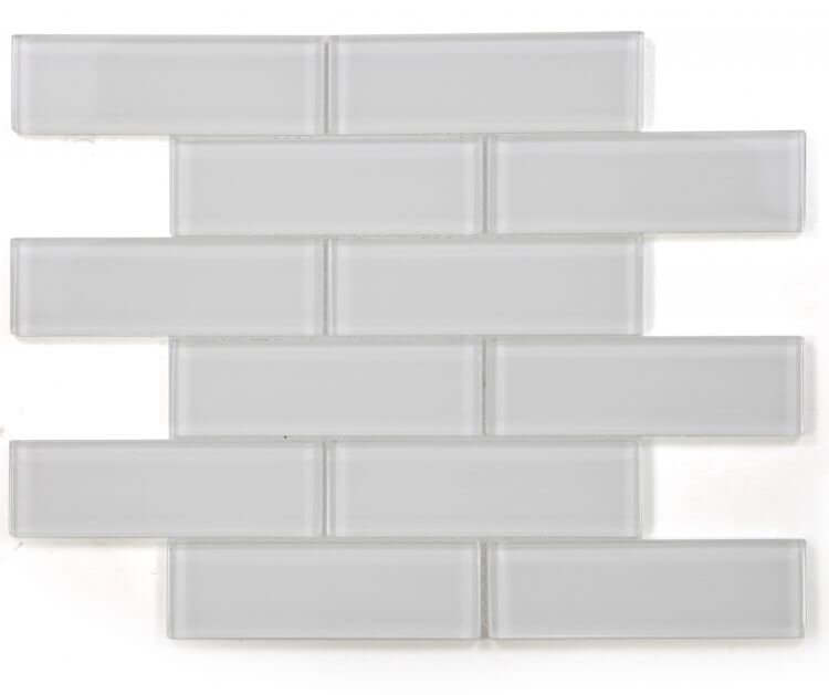 Casale White Shining polished glass tile in subway layout, ideal for swimming pools and mosaics.