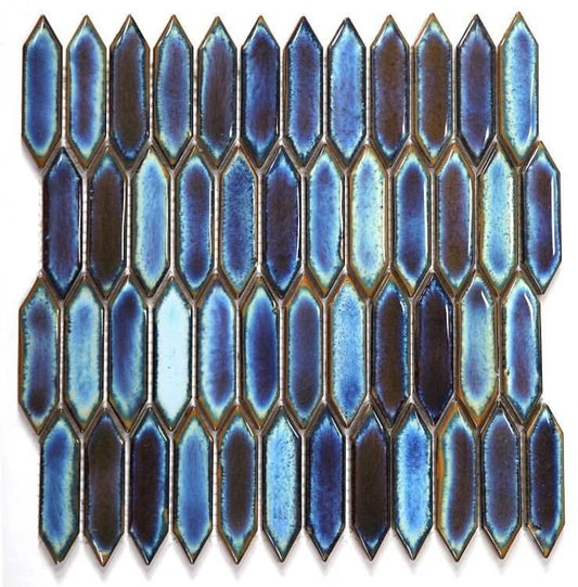 Chelsea Blue 11x11.25 handcrafted porcelain tile, elongated hexagon shape, pool rated, in vibrant blue shades.