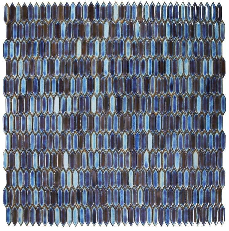Chelsea Blue handmade porcelain mosaic tile in elongated hexagon shape, ideal for swimming pools, 11x11.25 size.