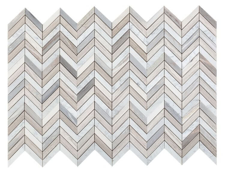 Chevron Blue Marble Mosaic 8x12 featuring Carrara white, Haisa Grey, and Blue Palissandro in a stunning design.