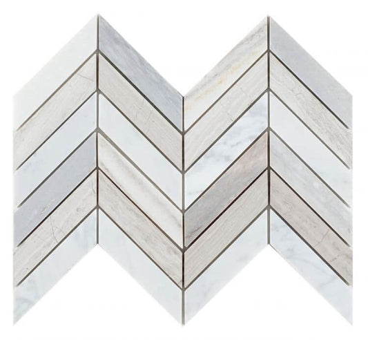 Chevron Blue marble mosaic tile in 8x12 size featuring Carrara white and Haisa Grey patterns.