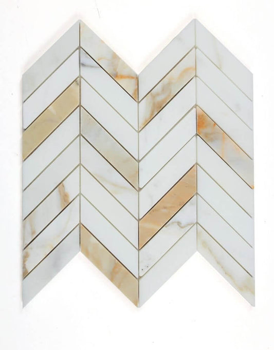 Chevron Calacatta Gold honed marble mosaic tile, featuring a luxurious chevron pattern with gold and grey veining.