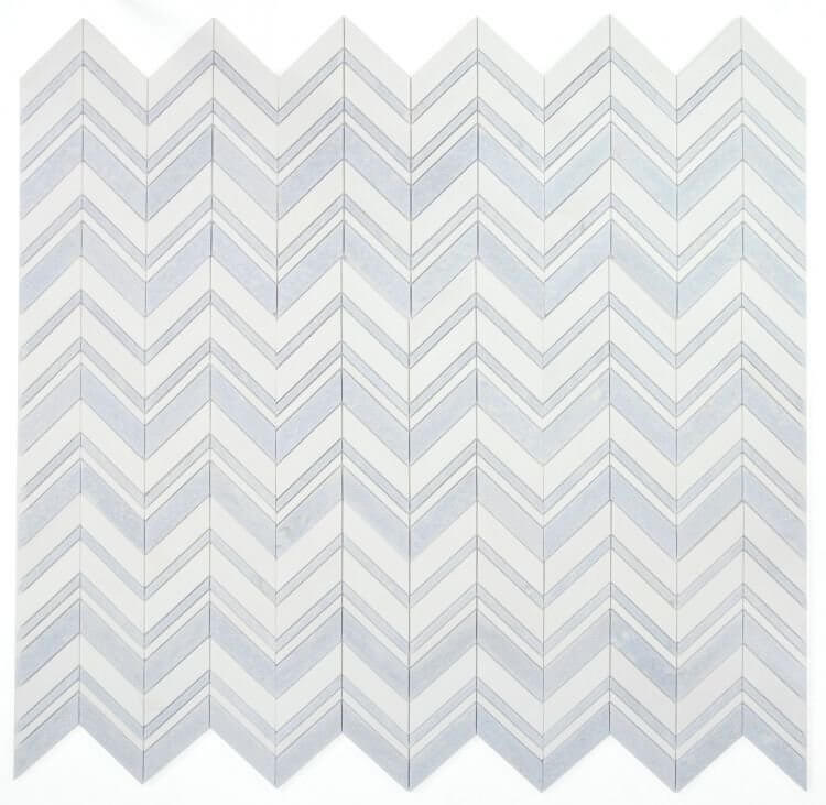 Thassos Azul Marble Mosaic featuring elegant chevron pattern in white and blue tones, perfect for stylish interior designs.