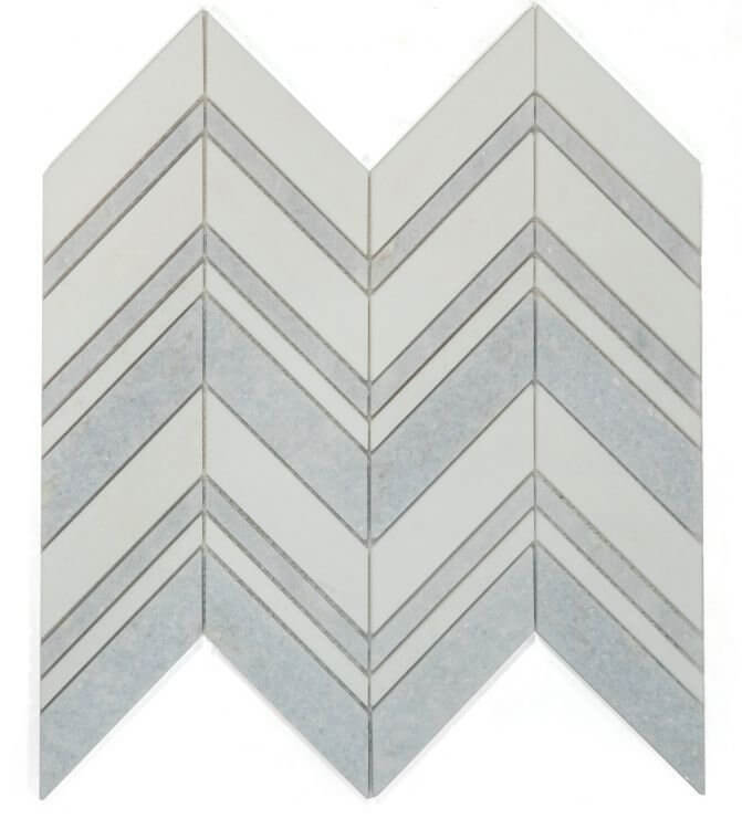 Thassos Azul Chevron marble mosaic display, featuring a stylish chevron pattern in white and azul hues, size 11.75 x 12.25.