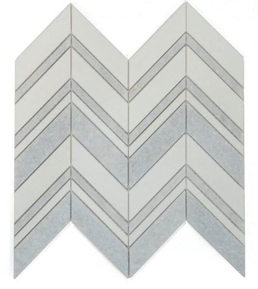 Thassos Azul Chevron marble mosaic display, featuring a stylish chevron pattern in white and azul hues, size 11.75 x 12.25.