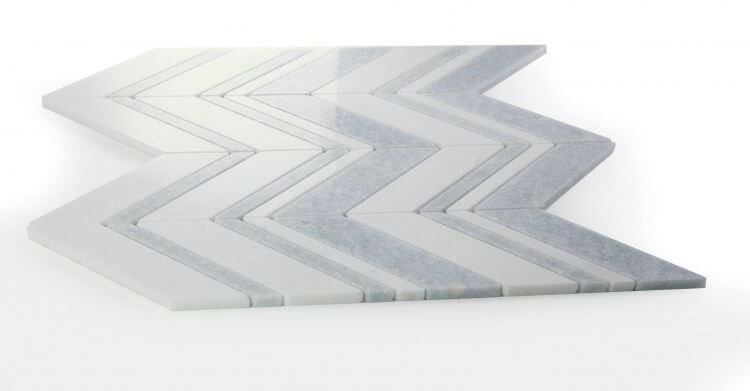 Thassos Azul Chevron marble mosaic, 11.75 x 12.25, featuring white and azul colors in a stylish chevron design.