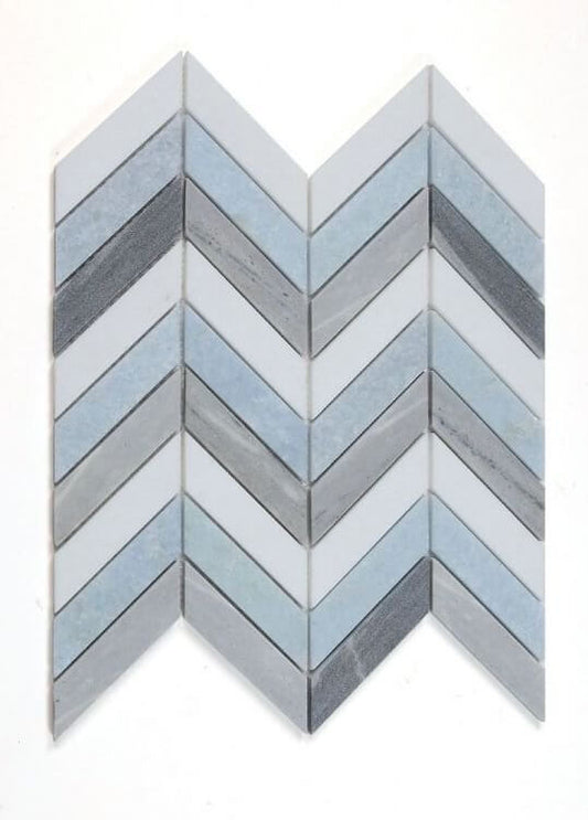 Chevron Deep Ocean Marble Mosaic Tile in shades of blue, grey, and white, measuring 10.75 x 12.25 for elegant decor.