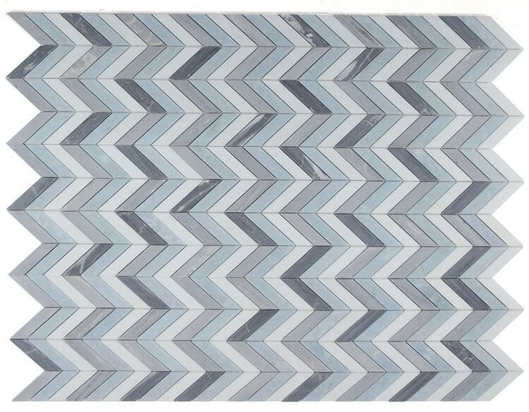 Chevron Deep Ocean marble mosaic tile in blue, white, and grey, 10.75 x 12.25, showcasing a sophisticated chevron pattern.