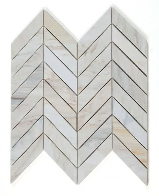 Chevron Eurasian 11 x 11 marble mosaic tile in grey and beige, polished finish, ideal for stylish home decor.