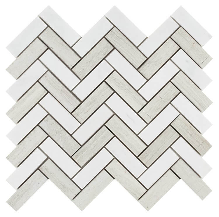 Chevron Bianco Dolomite Marble Mosaic Tile in polished finish, 11 x 12.5 inches, ideal for luxurious walls and backsplashes.