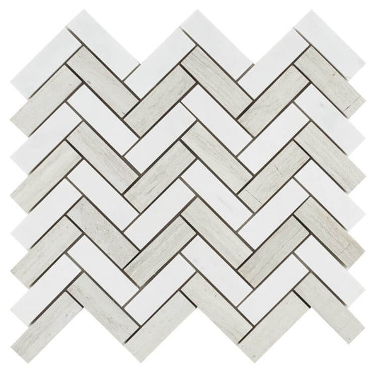 Chevron Bianco Dolomite Marble Mosaic Tile in polished finish, 11 x 12.5 inches, ideal for luxurious walls and backsplashes.