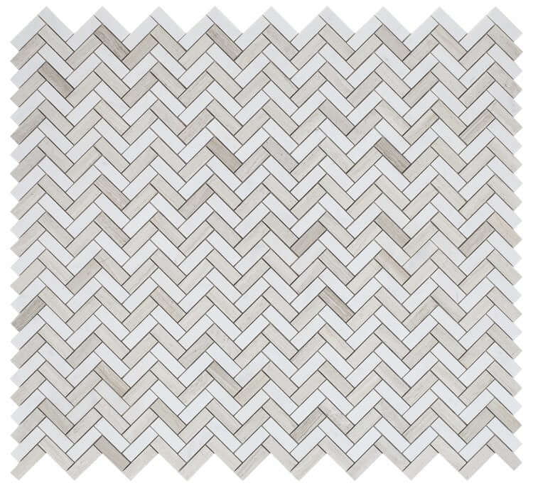 Chevron Bianco Dolomite Marble Mosaic Tile in Haisa Grey, 11 x 12.5 inches, polished finish for elegant wall applications.