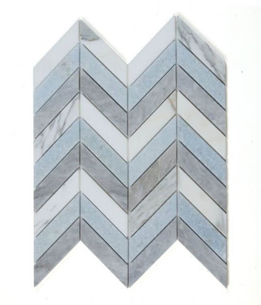 Chevron Vivid Blue Marble Mosaic Tile featuring Carrara white and Bardiglio gray in a stylish pattern, 10.75 x 12.25 inches.