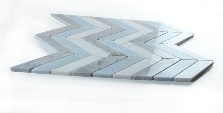 Chevron Vivid Blue Marble Mosaic Tile showcasing Carrara white and Bardiglio gray in a striking design.