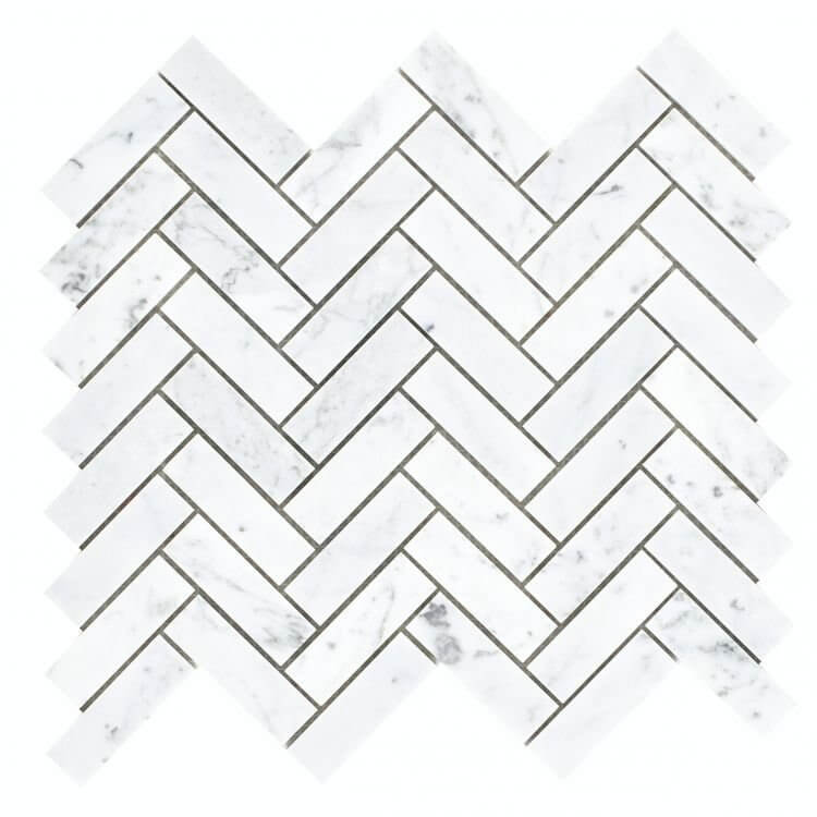 Chevron Long Carrara polished marble mosaic in elegant white, showcasing a sophisticated pattern.